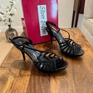 Silver Slipper Black Rhinestone Embellished Sling Back Platform Heels - 9